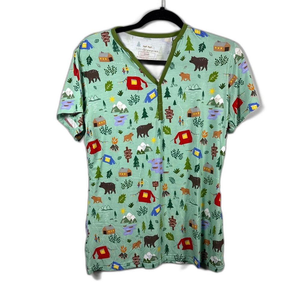 Little Sleepies Happy Camper Bamboo Pajama Top Short Sleeve Henley Mint Small